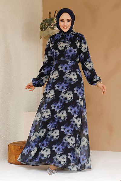 Neva Style Floral Patterned Black Hijab Dress 27982S