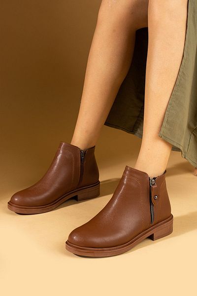 Pembe Potin Tan Colored Women's Boots - Zipper Detailed, Short Comfort Style, Stylish and Comfortable