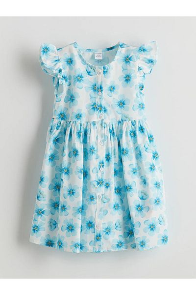 LC Waikiki Rochie LCW Kids Blue Crew Deck Floral pentru fete din popelin