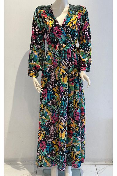 GARNİ Floral Patterned Satin Dress with Elastic Beads and Ankle and Waist Detail