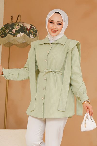 Neva Style تونيك حجاب أخضر فستقي مع تفاصيل حزام على الكتفين 10131FY