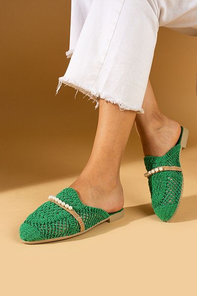 Pembe Potin Green Lace Embroidered Women's House Slippers - Pearl Buckle, Comfortable Sole