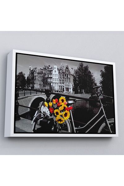 Harita Sepeti Painting Bicycle and Tulips in Amsterdam Canals with White Frame