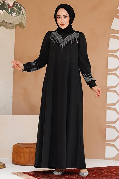 Neva Style Rochie neagră cu mărgele Hijab 23815S