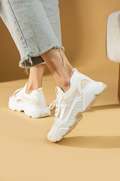 Pembe Potin Beyaz Kadın Spor Sneaker Bağcıklı Günlük Rahat Taban Ayakkabı