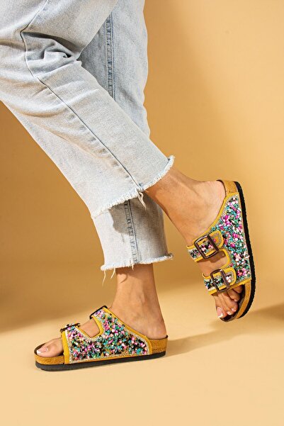 Pembe Potin Orthopedic Sole Yellow Natural Stone Double Banded Slippers - Daily Comfortable Use