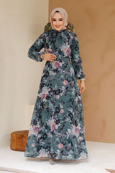 Neva Style Rochie hijab kaki cu imprimeu floral 27961HK