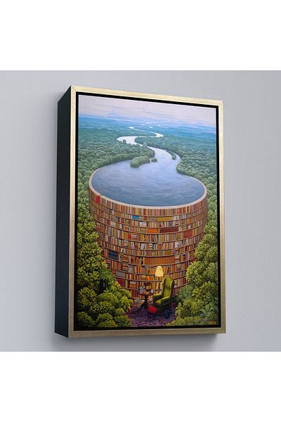 Harita Sepeti O bibliotecă surrealistă cu cadru auriu, cadou pentru camera de studiu, poster pentru bibliotecă