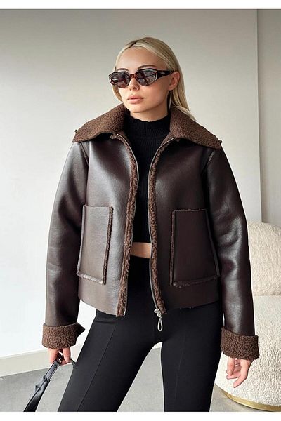 moda armanc Дамско кафяво байкерско яке от изкуствена кожа с два джоба и кожена подплата