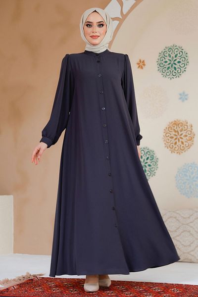 Neva Style Buttoned Smoked Hijab Abaya (45283Fu)