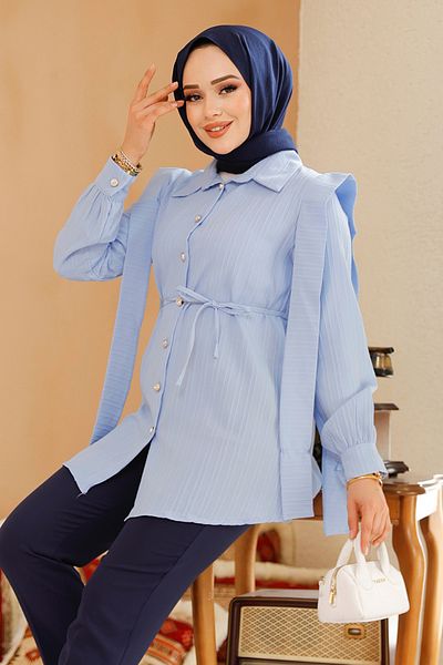 Neva Style Baby Blue Hijab Τουνίκ με λεπτομέρεια με ζώνη στους ώμους 10131BM