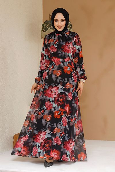 Neva Style Rochie neagră cu hijab cu modele florale 27962S