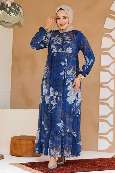 Neva Style Floral Patterned Indigo Blue Hijab Dress 22055Im