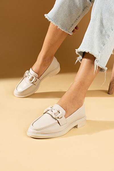 Pembe Potin Women's Beige Cream Loafer Moccasin Casual Buckle Daily Comfortable Sole Shoes