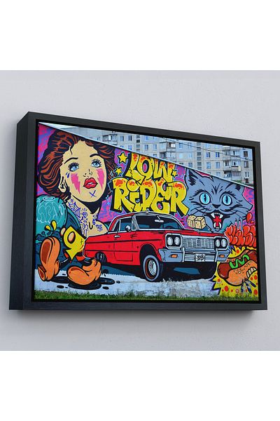Harita Sepeti Pictură pe pânză retro mașină roșie realizată cu graffiti cu cadru auriu
