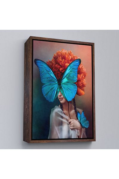 Harita Sepeti Pictură în ulei de femeie cu fluture albastru cu cadru alb Aspect pictură decorativă pe pânză