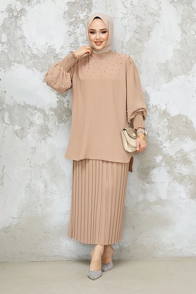 Neva Style Pearl Embroidered Camel Hijab Skirted Double Suit 10991C