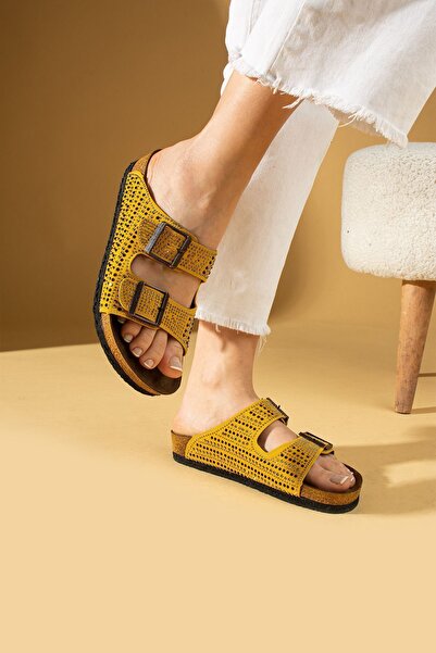 Pembe Potin Women's Yellow Double Buckle Studded Anatomical Comfortable Sole Women's Slippers Sandals