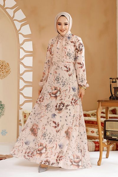 Neva Style Floral Patterned Salmon Hijab Dress 27963Smn