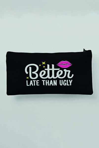 qoeuyl boutique محفظة حامل أقلام من القماش الأسود المطبوع من Better Late Than...