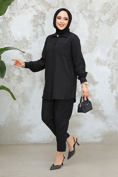 Neva Style Gingham Detailed Black Hijab Double Suit 12191S