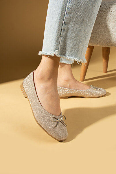 Pembe Potin Women's Flats Gold Glitter Bow Lightweight Comfortable Sole Stylish Casual Shoes