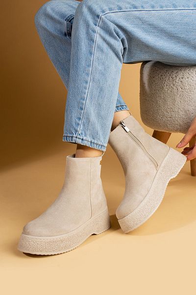 Pembe Potin Cizme de damă din piele intoarsa bej - Platforma inalta, design confortabil zilnic, elegant