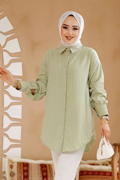 Neva Style Cămașă hijab verde fistic cu dungi 30702FY
