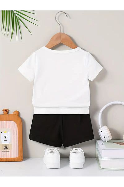 LUNAVISTA 2 Pieces Cartoon Printed Round Neck Short Sleeve Top and Shorts Set for Little Boys Girls