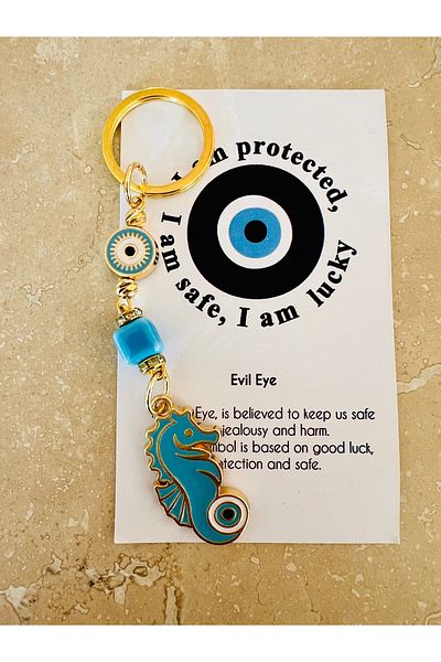 Talia&Talia Hadiyelik Sea Horse and Evil Eye Beaded Keychain - Blue