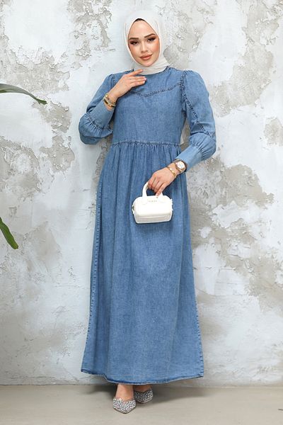 Neva Style Rochie de denim hijab cu halat albastru 19142M