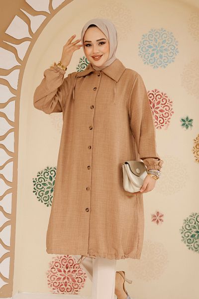 Neva Style Καμηλό Hijab Τουνίκ με κουμπί 70881C