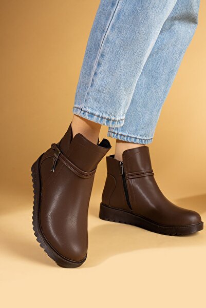 Pembe Potin Kadın Kahve  Tokalı Rahat Kalıp Kaymaz Taban Lastikli Sıcak Astar Günlük Rahat Bot