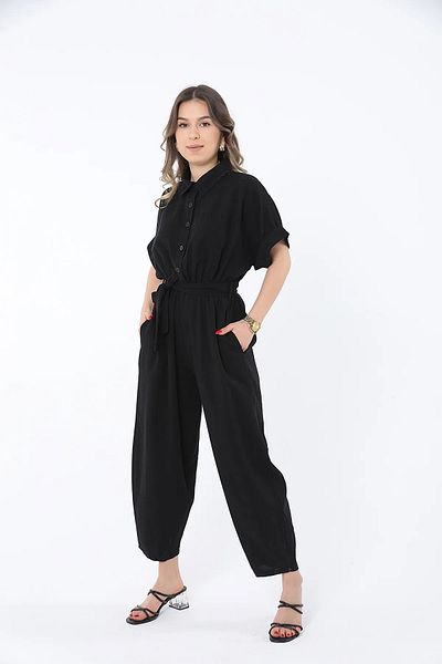 Nazline Women's Belted Buttoned Shirt Collar Linen Jumpsuit