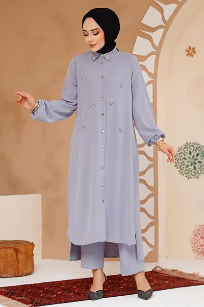 Neva Style طقم حجاب رمادي مزدوج مزين بالخرز 12082GR