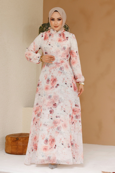 Neva Style Floral Patterned Ecru Hijab Dress 27969E