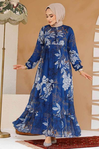 Neva Style Φόρεμα Hijab Indigo Blue με λουλουδάτο σχέδιο 22055IM