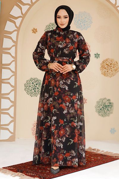 Neva Style فستان حجاب أسود منقوش بالزهور 27964S