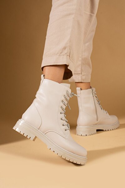 Pembe Potin Kadın Bej Krem  Taşlı Bağcıklı Fermuarlı Rahat Kalıp İçi Sıcak Astarlı Bot Postal