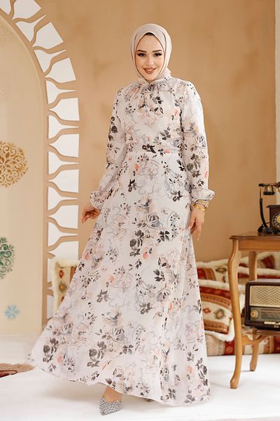 Neva Style Beige Hijab Dress Flower Pattern