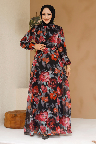 Neva Style Floral Patterned Black Hijab Dress 27962S
