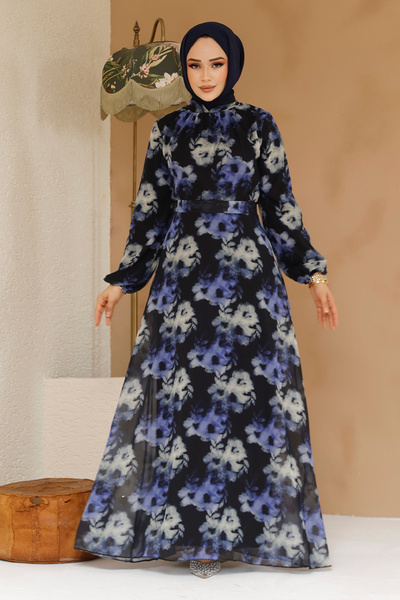 Neva Style Floral Patterned Black Hijab Dress 27982S