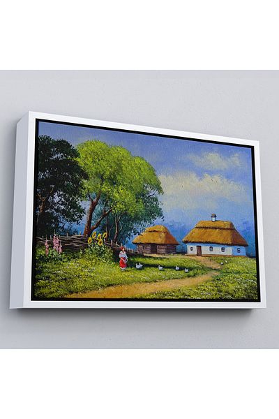 Harita Sepeti Ukrainian Village House Scenery with White Frame Oil Painting View Decorative Canvas Wall Painting