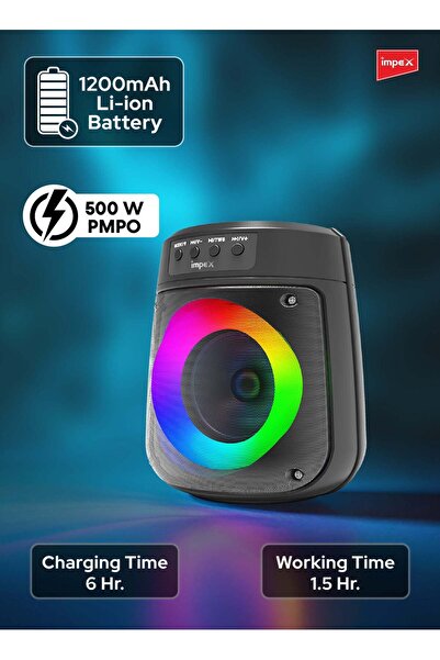 İMPEX مكبر صوت محمول بتقنية البلوتوث، 500 وات PMPO، مكبر صوت لاسلكي مقاس 4 بوصات مع حلقة إضاءة سحرية، بطارية 1200 مللي أمبير في الساعة