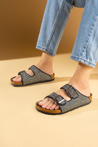 Pembe Potin Orthopedic Sole Black Stone Double Banded Daily Buckle Slippers