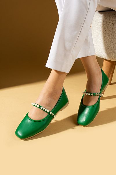 Pembe Potin Women's Flats Green Pearl Banded Lightweight Comfortable Sole Stylish Casual Shoes