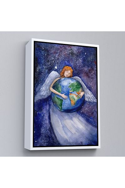 Harita Sepeti Angel Embracing the World Wall Painting with White Frame