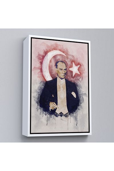 Harita Sepeti Mustafa Kemal Atatürk cu cadru alb și steagul turcesc Aquarel Look Decorative Canvas Art Print