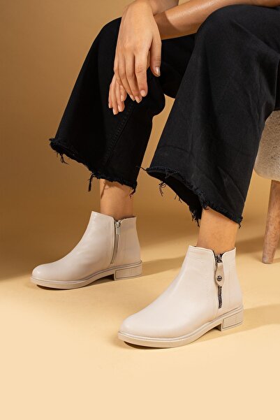 Pembe Potin Kadın Krem Poli Taban Fermuarlı Günlük Rahat Kalıp İçi Sıcak Astarlı Bot