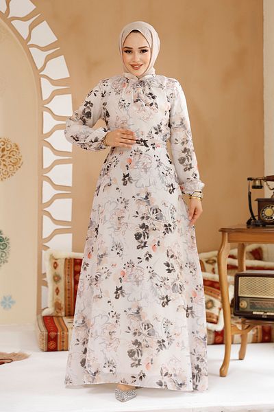 Neva Style Beige Hijab Dress Flower Pattern